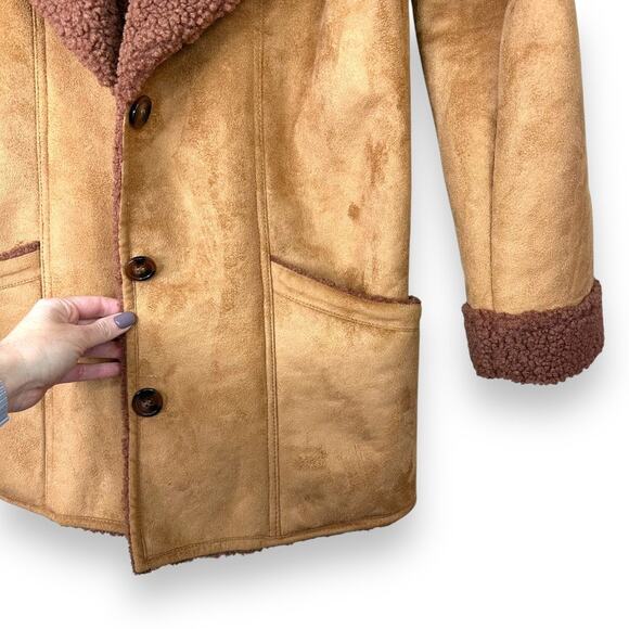 Free People NWT Diogo Toasted Almond Brown Sherpa Faux Suede Relaxed Fit Coat - Picture 6 of 11